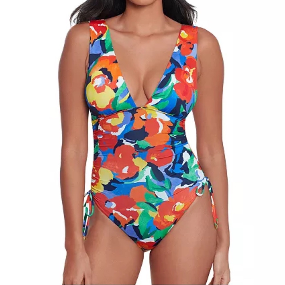 Lauren Ralph Lauren Shirred Plunge-Neck One-Piece Swimsuit Multi Color Summer